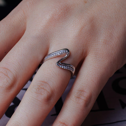 Silver 925 Rhodium Plated Double Wave CZ Ring - BGR01174