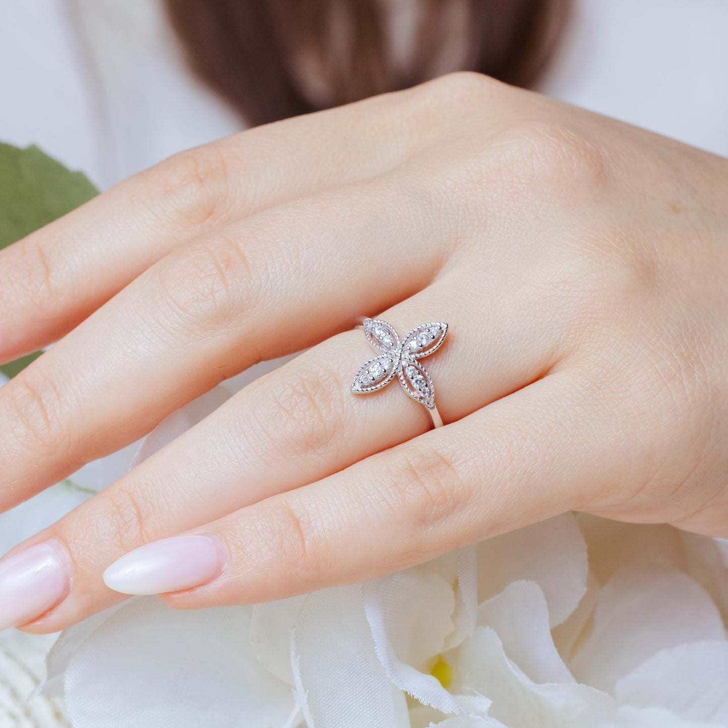 Silver 925 Rhodium Plated Four Petal Ring with CZ - BGR01176