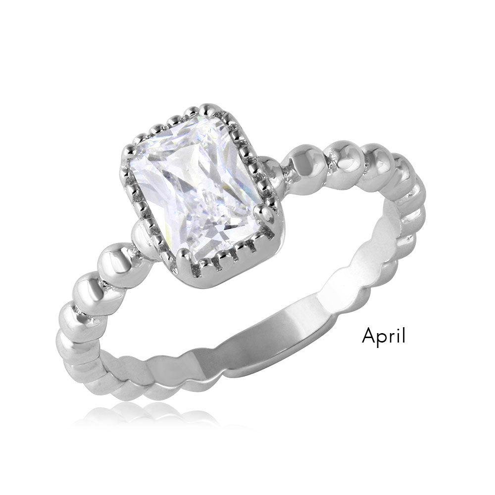 April Sterling Silver 925 Rhodium Plated Beaded Shank Square Center Birthstone Ring - BGR01081APR | Silver Palace Inc.