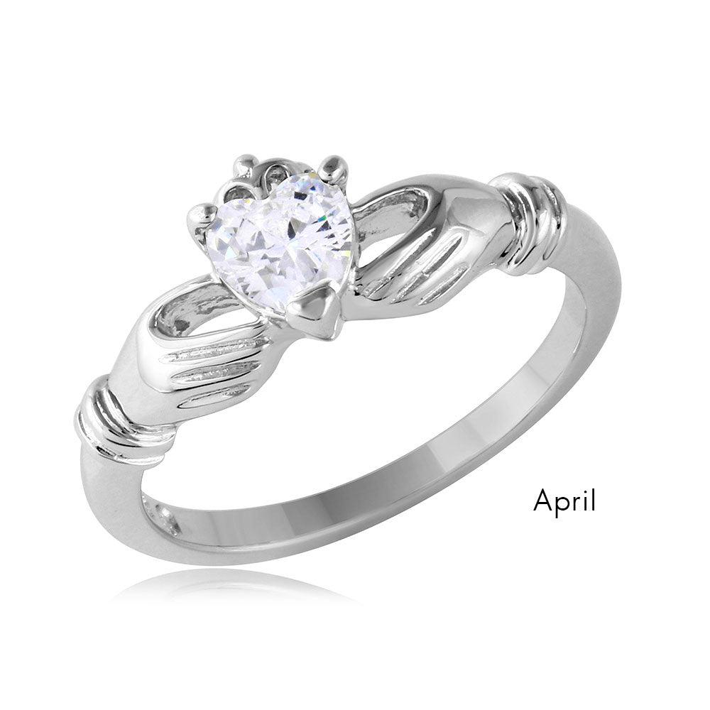 April Sterling Silver 925 Rhodium Plated CZ Center Birthstone Claddagh Ring - BGR01083APR | Silver Palace Inc.