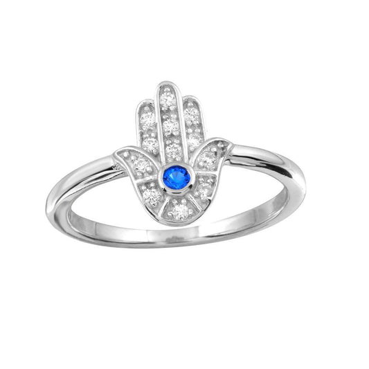 Silver 925 Rhodium Plated Blue Hamsa Ring with CZ - BGR01131BLU | Silver Palace Inc.