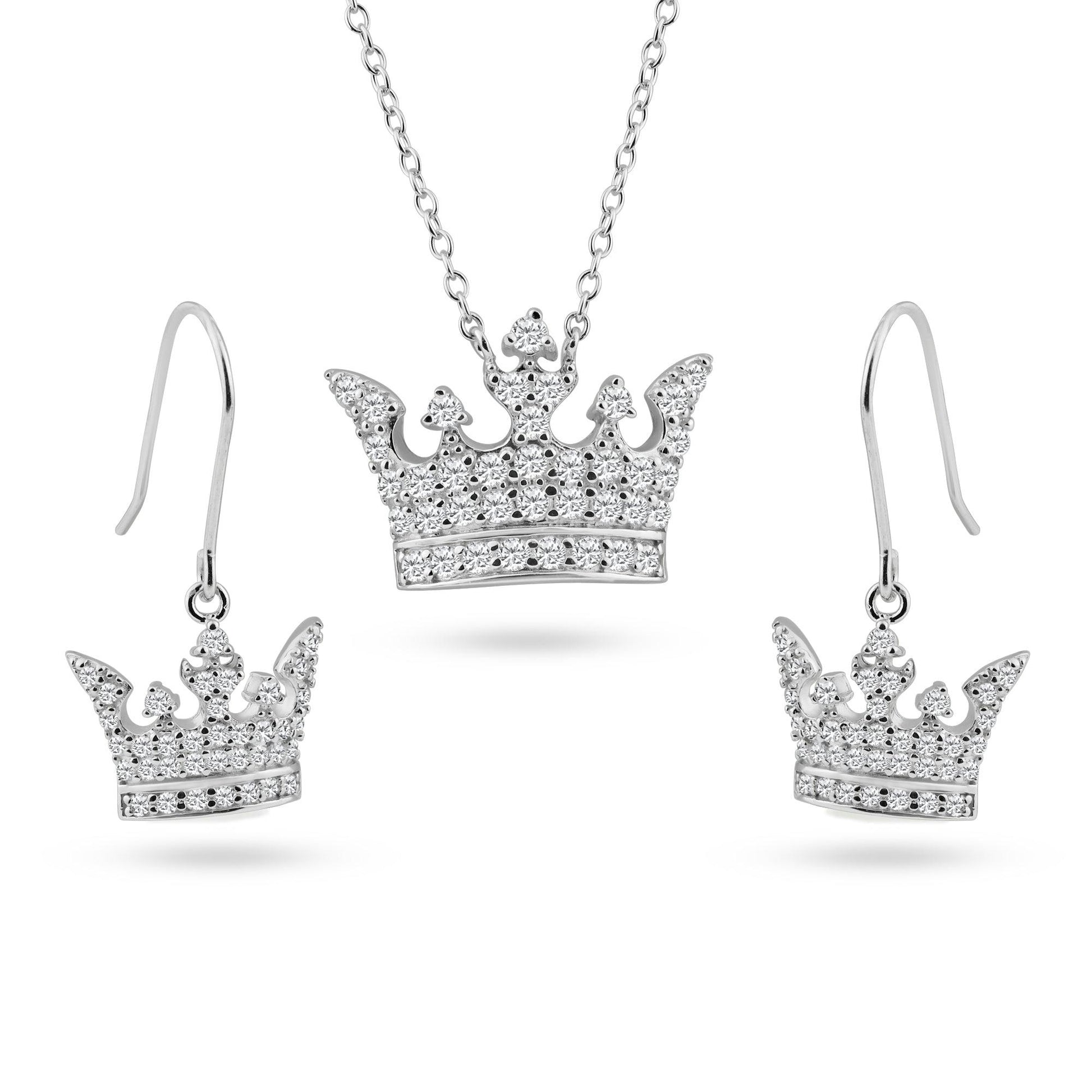 Silver 925 Rhodium Plated Clear Crown CZ Hook Earring and Necklace Set - BGS00016 | Silver Palace Inc.