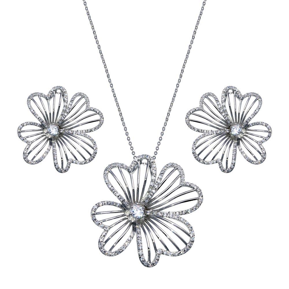 Closeout-Silver 925 Rhodium and Black Rhodium Plated Flower Clear CZ Stud Earring and Necklace Set - BGS00153 | Silver Palace Inc.