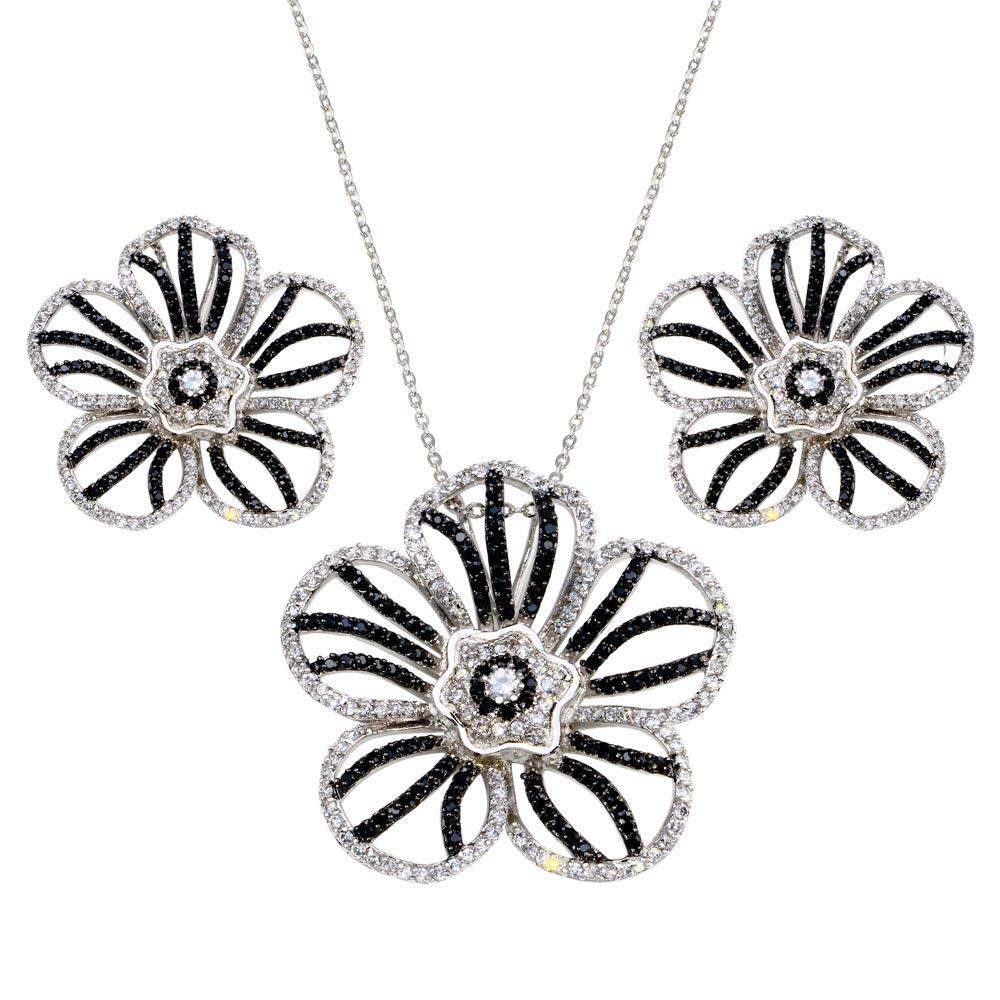 Closeout-Silver 925 Rhodium and Black Rhodium Plated Clear and Black Flower CZ Stud Earring and Necklace Set - BGS00154 | Silver Palace Inc.