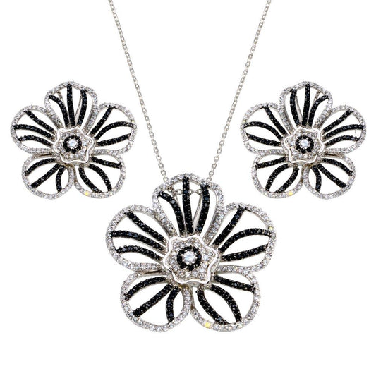 Closeout-Silver 925 Rhodium and Black Rhodium Plated Clear and Black Flower CZ Stud Earring and Necklace Set - BGS00154 | Silver Palace Inc.