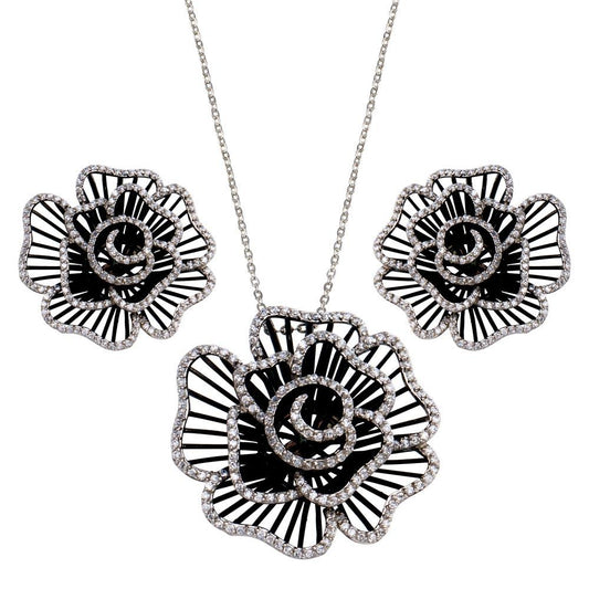 Closeout-Silver 925 Rhodium and Black Rhodium Plated Clear Flower Rose CZ Stud Earring and Necklace Set - BGS00157 | Silver Palace Inc.