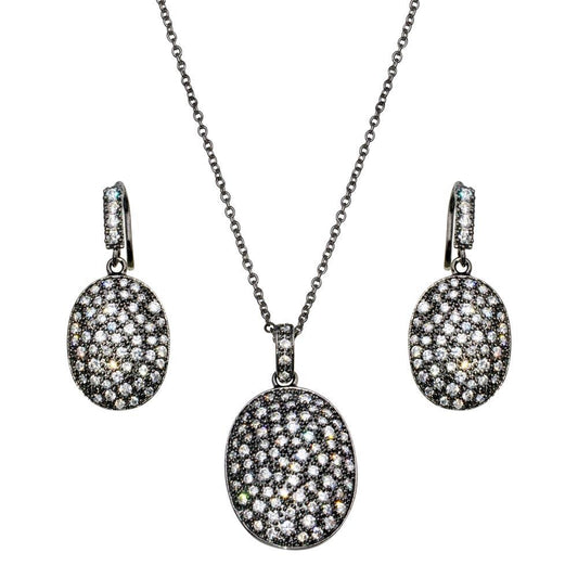 Closeout-Silver 925 Black Rhodium Plated Oval Clear CZ Leverback Earring and Necklace Set - BGS00181 | Silver Palace Inc.