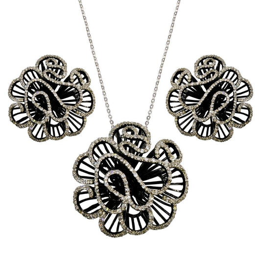 Closeout-Silver 925 Black Rhodium Plated Outline CZ Flower Set - BGS00233 | Silver Palace Inc.