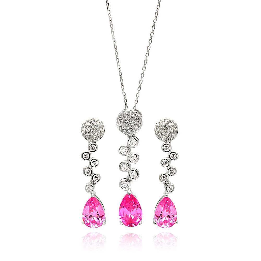 Silver 925 Rhodium Plated Clear and Pink Round and Teardrop CZ Drop Stud Earring and Necklace Set - BGS00294 | Silver Palace Inc.