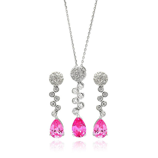 Silver 925 Rhodium Plated Clear and Pink Round and Teardrop CZ Drop Stud Earring and Necklace Set - BGS00294 | Silver Palace Inc.