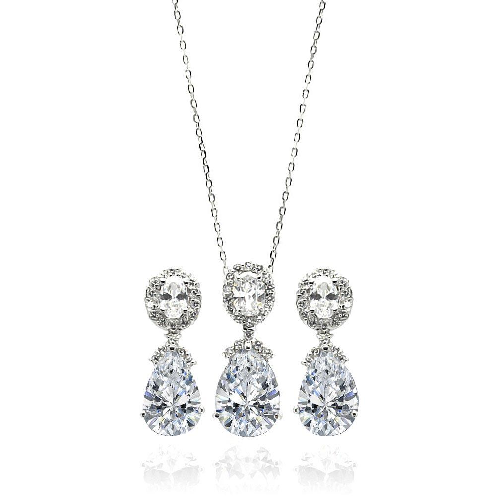 Silver 925 Rhodium Plated Clear Round and Teardrop CZ Dangling Set - BGS00297 | Silver Palace Inc.