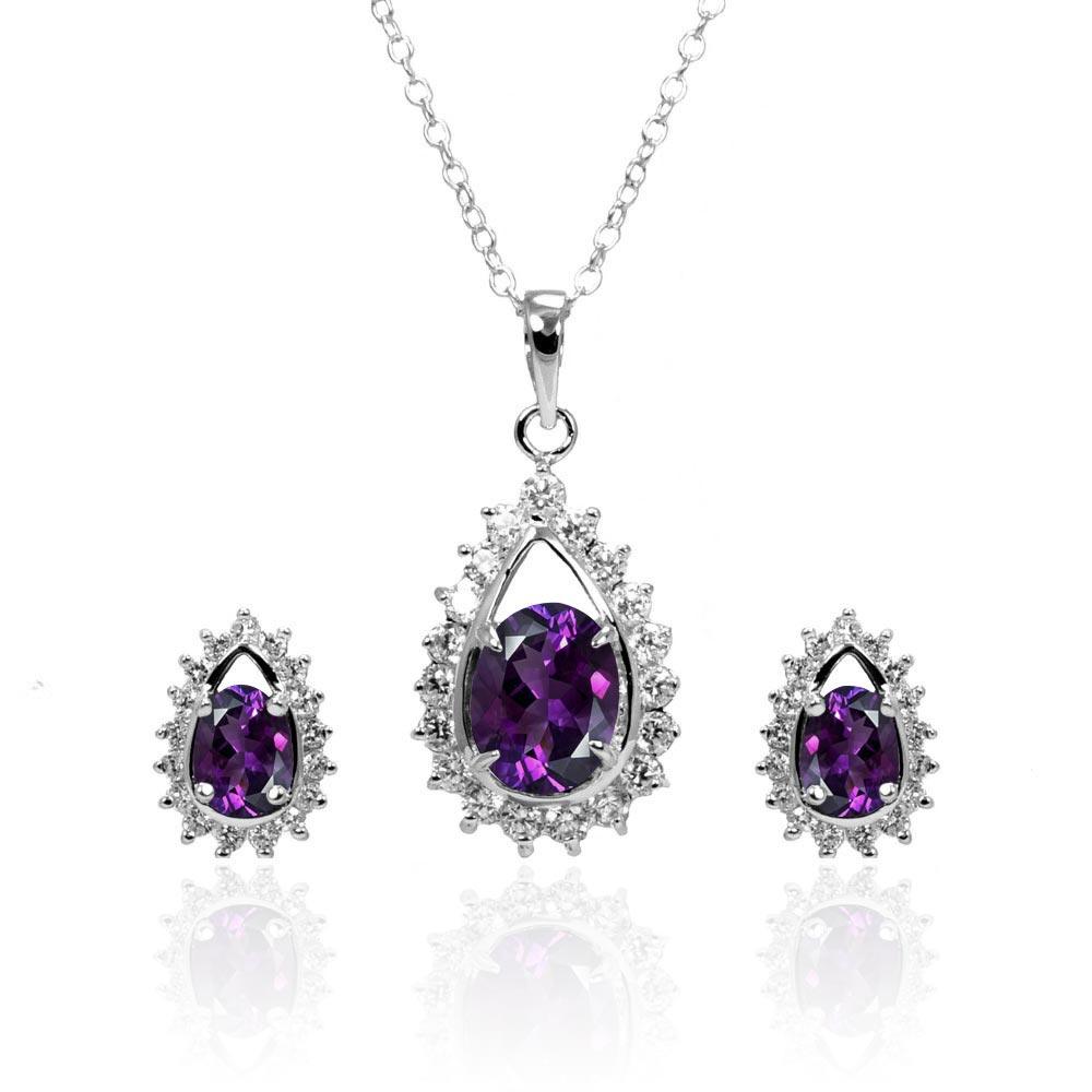 Silver 925 Rhodium Plated Clear and Purple Teardrop Cluster CZ Stud Earring and Necklace Set - BGS00364 | Silver Palace Inc.