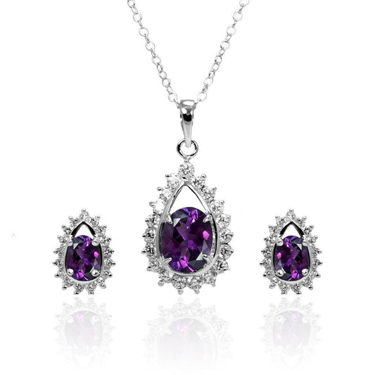 Silver 925 Rhodium Plated Clear and Purple Teardrop Cluster CZ Stud Earring and Necklace Set - BGS00364 | Silver Palace Inc.