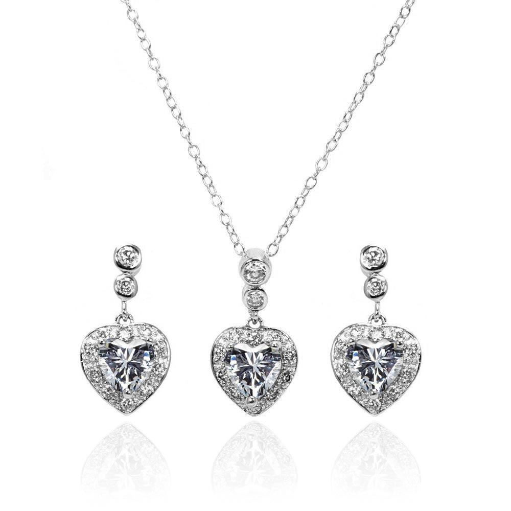 Silver 925 Rhodium Plated Clear Round and Heart Shaped CZ Dangling Stud Earring and Necklace Set - BGS00368 | Silver Palace Inc.