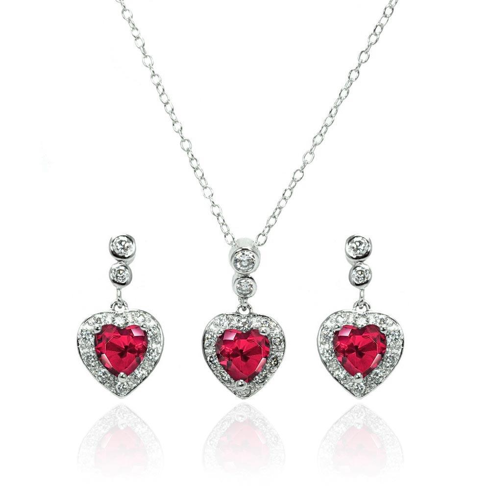 Silver 925 Rhodium Plated Clear and Red Heart CZ Dangling Stud Earring and Necklace Set - BGS00372 | Silver Palace Inc.