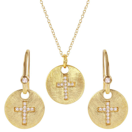 Closeout-Silver 925 Gold Plated Cross Round Tag Set - BGS00408 | Silver Palace Inc.