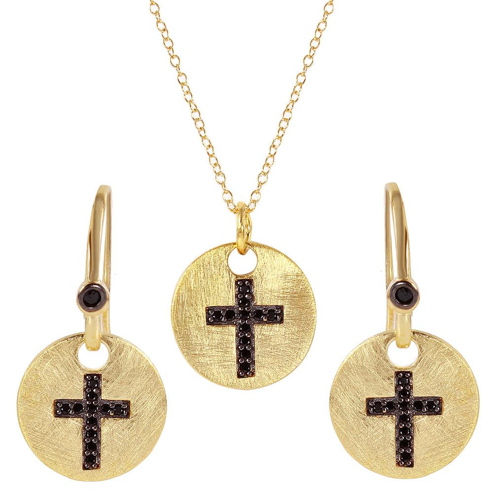 Closeout-Silver 925 Gold Plated Black Cross Round Tag Set - BGS00409 | Silver Palace Inc.