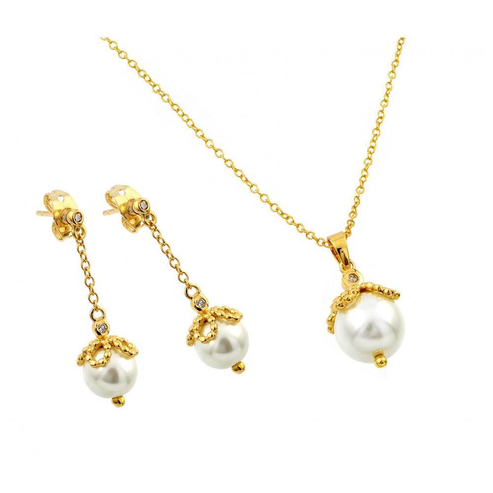 Silver 925 Gold Plated Pearl Drop Clear CZ Dangling Stud Earring and Necklace Set - BGS00414 | Silver Palace Inc.