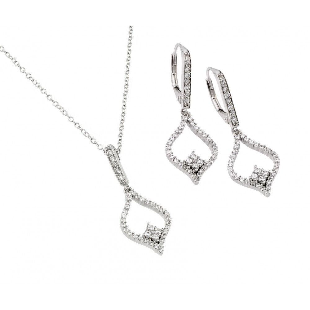 Silver 925 Rhodium Plated Clear Open Marquise CZ Leverback Earring and Hanging Necklace Set - BGS00421 | Silver Palace Inc.