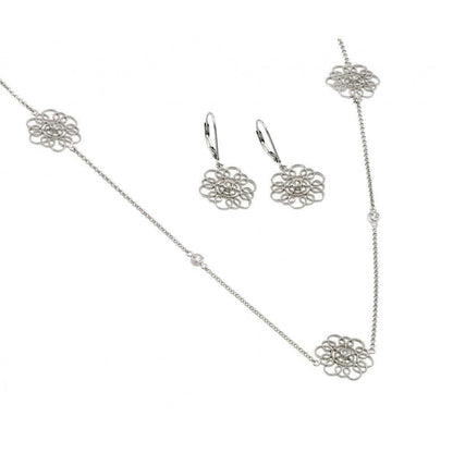 Silver 925 Rhodium Plated Clear Flower Filigree CZ Leverback Earring and Necklace Set - BGS00422 | Silver Palace Inc.