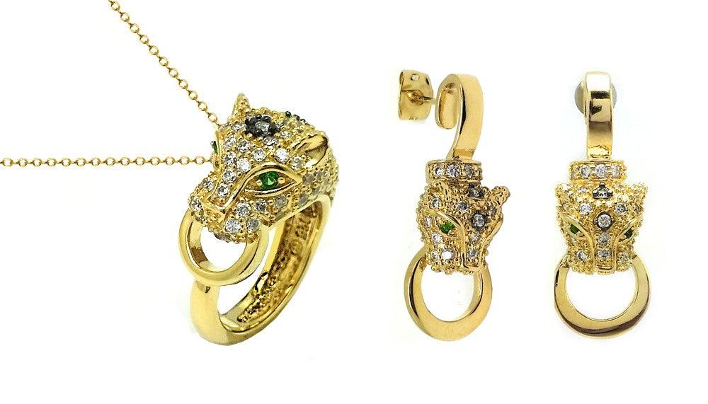 Silver 925 Gold Plated Clear and Green Puma Feline Head CZ Stud Earring and Necklace Set - BGS00433 | Silver Palace Inc.