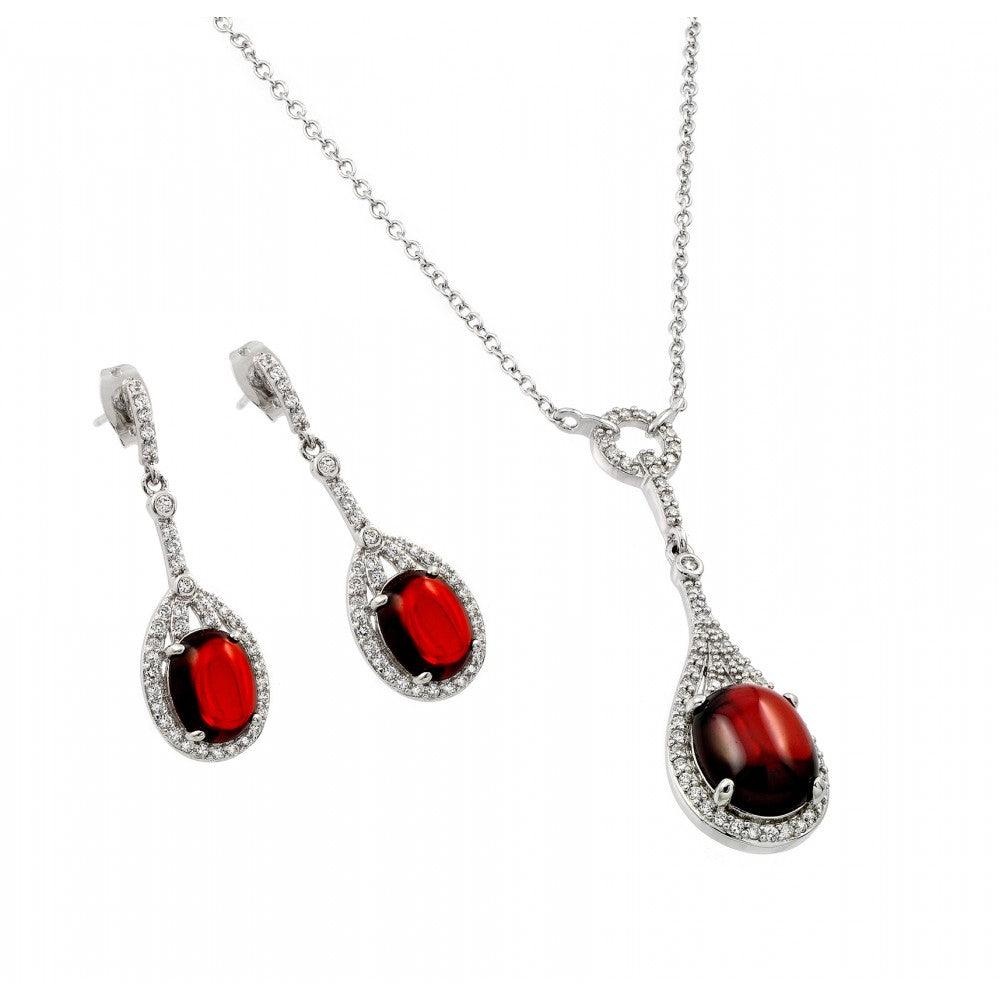 Silver 925 Rhodium Plated Pear Shaped Clear and Red CZ Dangling Stud Earring and Dangling Necklace Set - BGS00434 | Silver Palace Inc.