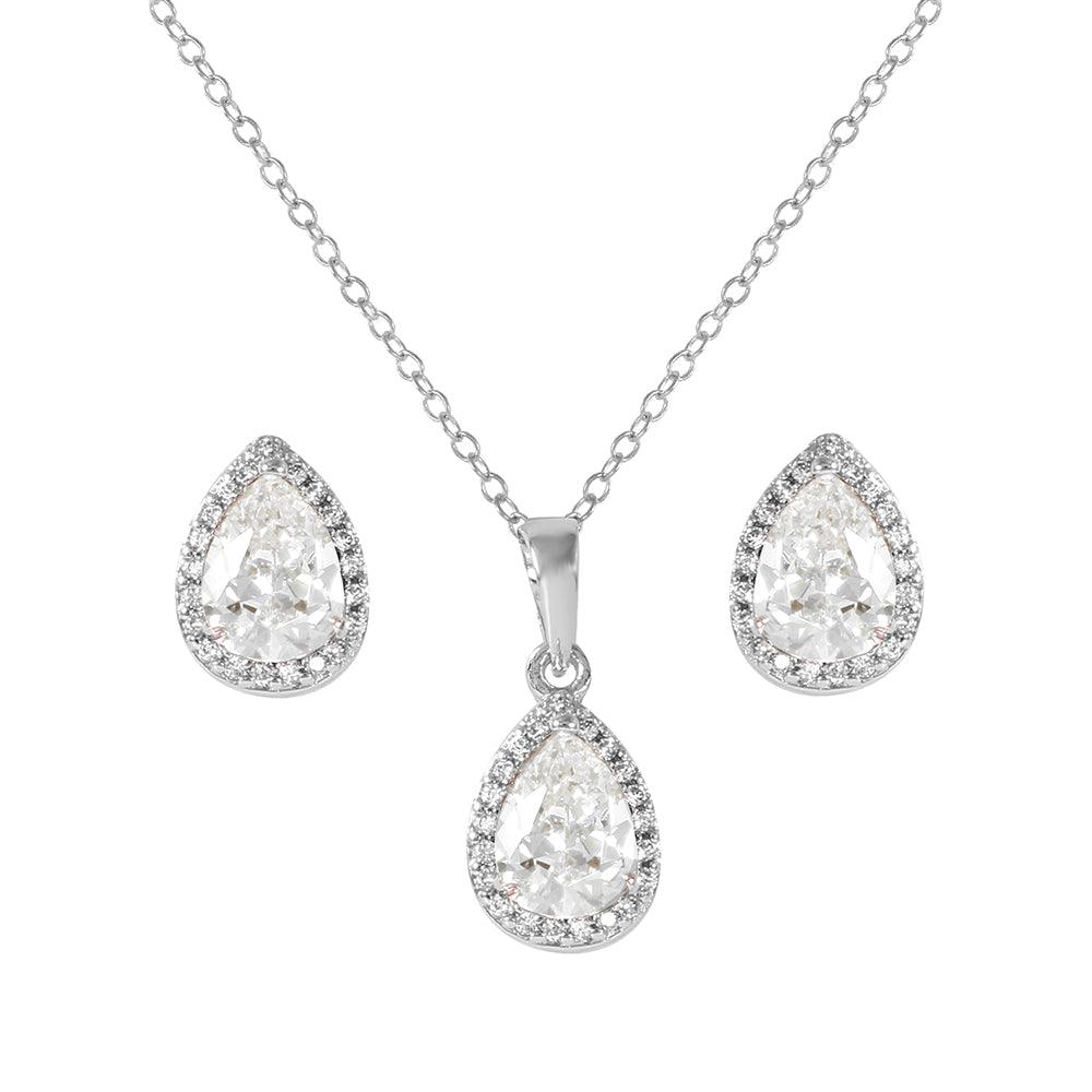 Silver 925 Rhodium Plated Pear Birthstone Set - BGS00441