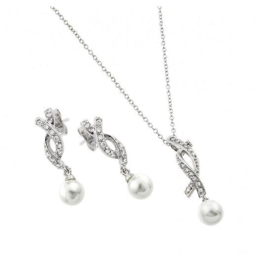 Silver 925 Rhodium Plated Pearl Drop Overlapping Ribbon CZ Hanging Stud Earring and Hanging Necklace Set - BGS00444 | Silver Palace Inc.