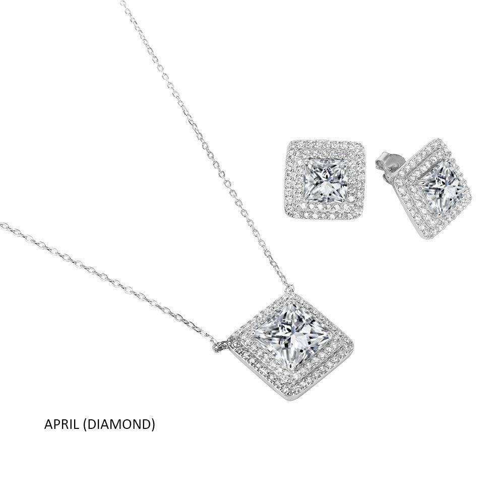 Silver 925 Rhodium Plated Square CZ Cluster Birthstone Set - BGS00455
