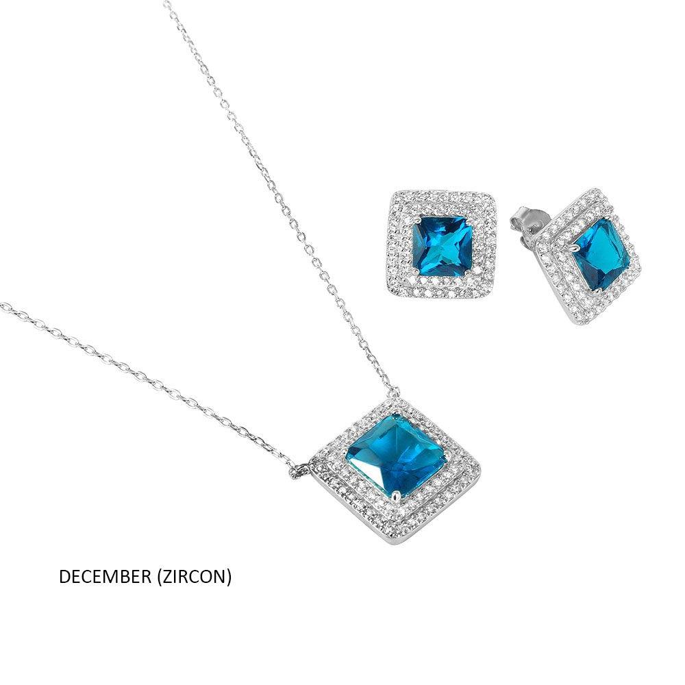 Silver 925 Rhodium Plated Square CZ Cluster Birthstone Set - BGS00455
