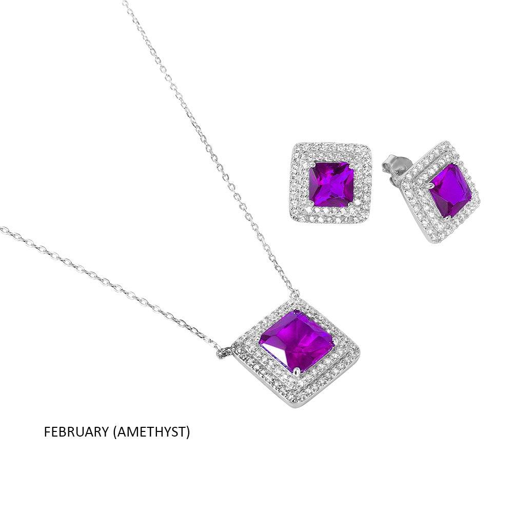 Silver 925 Rhodium Plated Square CZ Cluster Birthstone Set - BGS00455