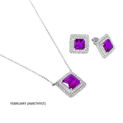 Silver 925 Rhodium Plated Square CZ Cluster Birthstone Set - BGS00455