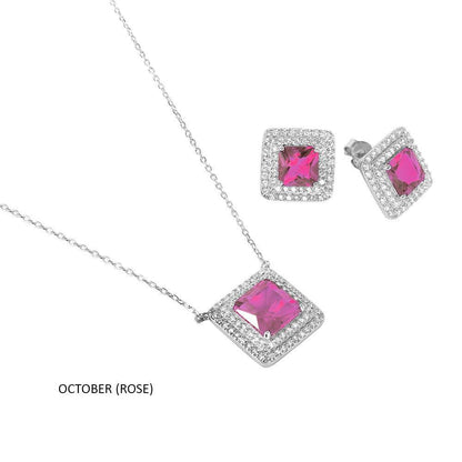 Silver 925 Rhodium Plated Square CZ Cluster Birthstone Set - BGS00455