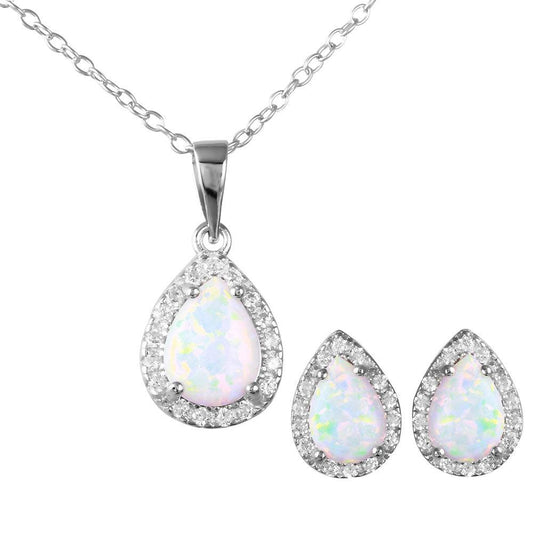 Silver 925 Rhodium Plated Pear Opal Clear CZ Set - BGS00471 | Silver Palace Inc.