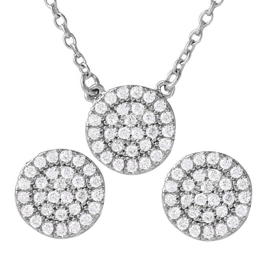 Silver 925 Rhodium Plated CZ Encrusted Round Earrings and Necklace Set - BGS00477 | Silver Palace Inc.