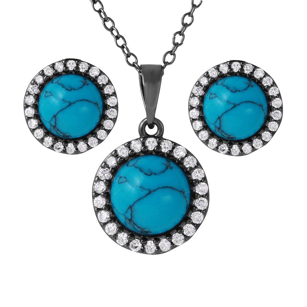 Silver 925 Black Rhodium Turquoise Center Stone Halo Set - BGS00479 | Silver Palace Inc.