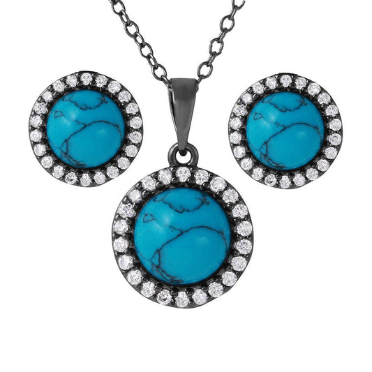 Silver 925 Black Rhodium Turquoise Center Stone Halo Set - BGS00479 | Silver Palace Inc.