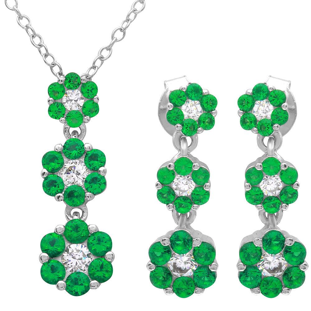 Silver 925 Rhodium Plated 3 Drop Green CZ Flower Set - BGS00489GRN | Silver Palace Inc.