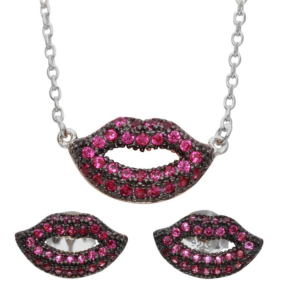 Silver 925 Rhodium Plated Pink CZ Lips Set - BGS00490RHD | Silver Palace Inc.