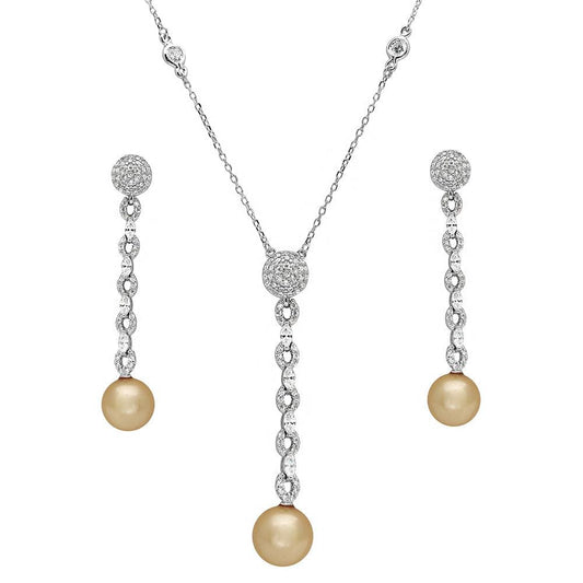 Silver 925 Rhodium Plated CZ Drop Pearl Set - BGS00493 | Silver Palace Inc.