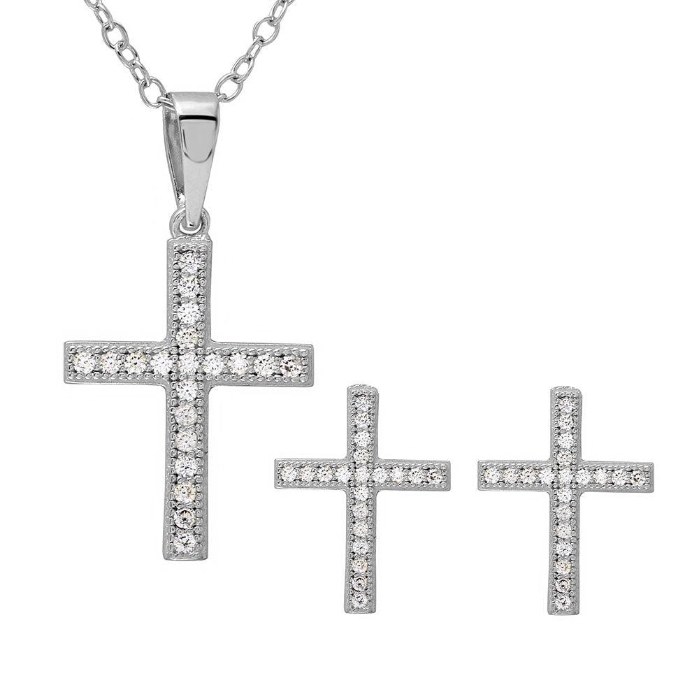 Silver 925 Rhodium Plated CZ Cross Set - BGS00494 | Silver Palace Inc.