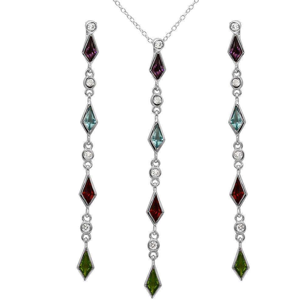 Silver 925 Rhodium Plated Multi Color CZ Drop Set - BGS00497 | Silver Palace Inc.