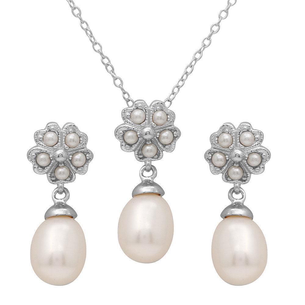 Silver 925 Rhodium Plated Clover Leaf Fresh Water Pearl Set - BGS00499 | Silver Palace Inc.