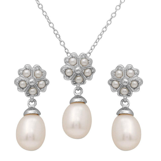 Silver 925 Rhodium Plated Clover Leaf Fresh Water Pearl Set - BGS00499 | Silver Palace Inc.