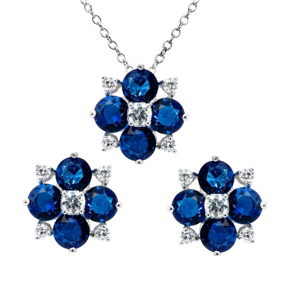 Silver 925 Rhodium Plated Blue Flower CZ Sets - BGS00507BLU | Silver Palace Inc.