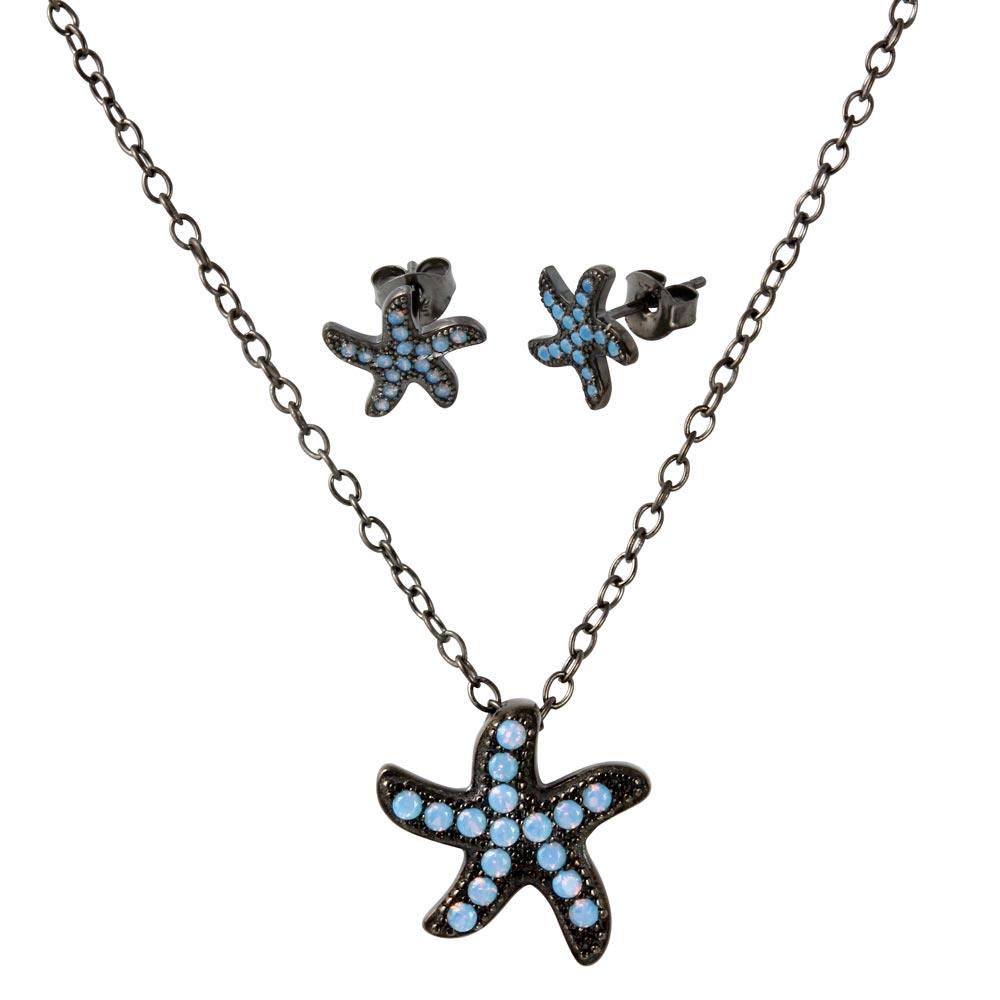 Silver 925 Black Rhodium Plated Light Blue Opal Starfish Set - BGS00516 | Silver Palace Inc.