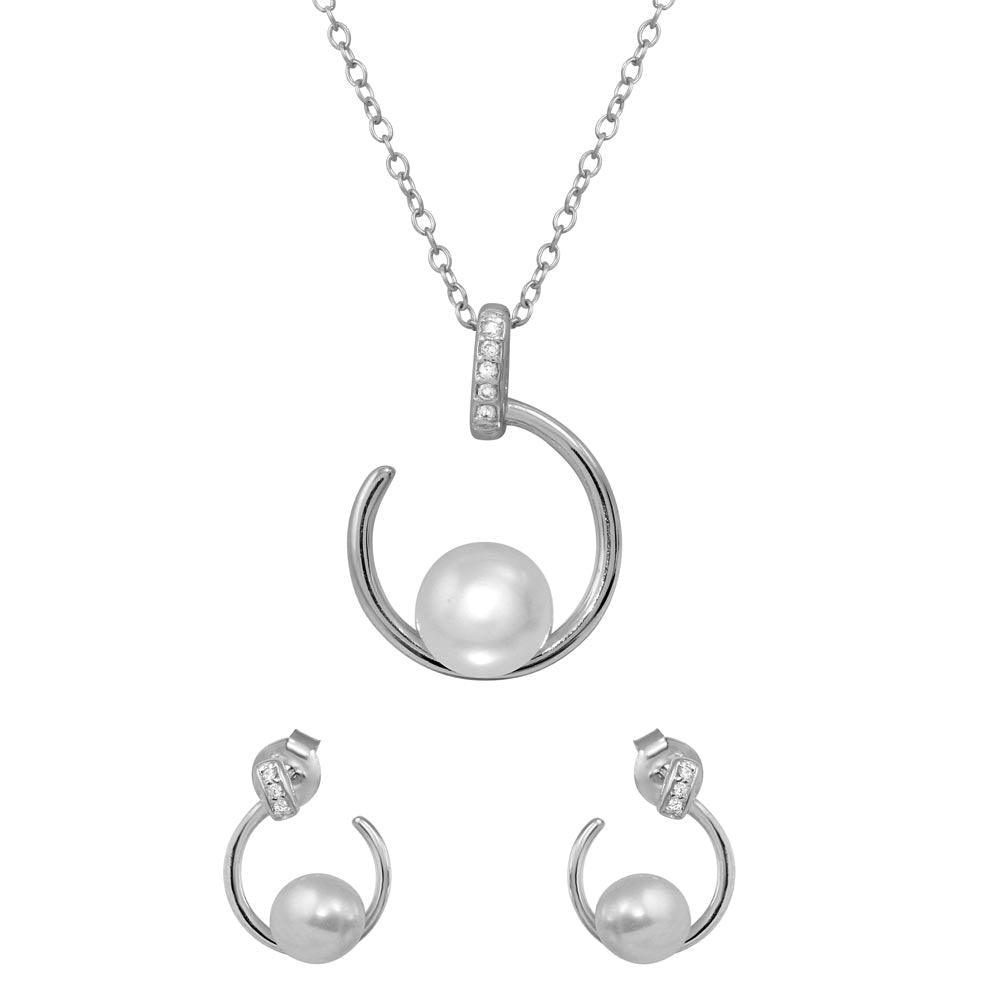 Silver 925 Rhodium Plated Open CZ Circle with Fresh Water Pearl Set - BGS00520 | Silver Palace Inc.