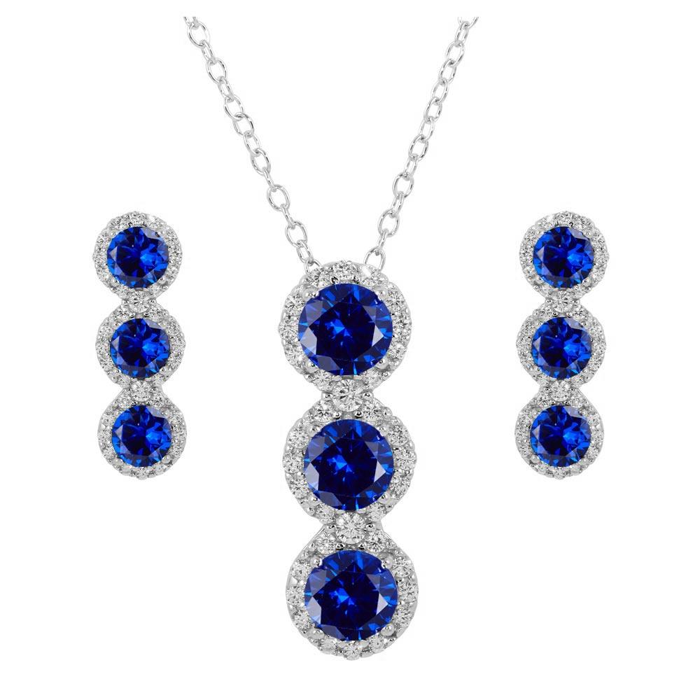 Silver 925 Rhodium Plated 3 Blue Stone CZ Stud Earring and Necklace Set - BGS00522BLU | Silver Palace Inc.