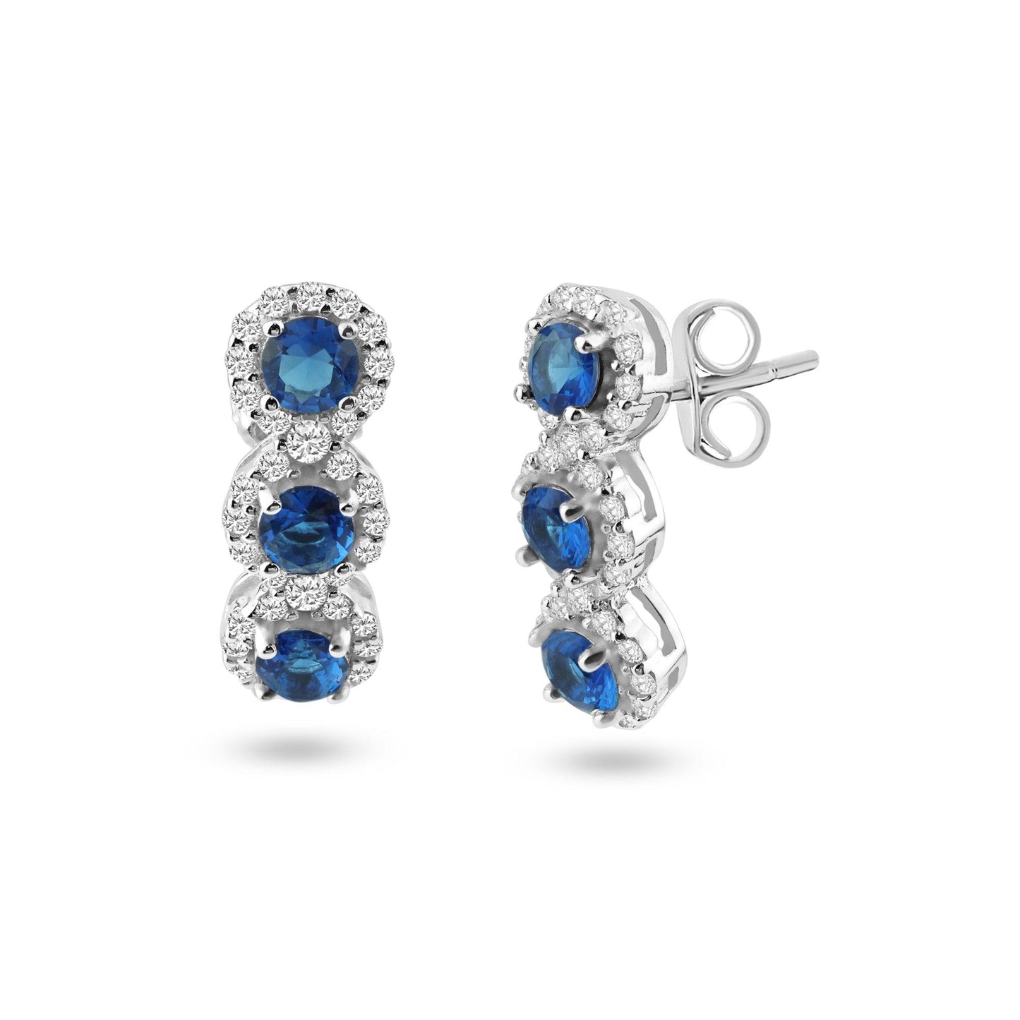 Silver 925 Rhodium Plated 3 Blue Stone CZ Stud Earring and Necklace Set - BGS00522BLU