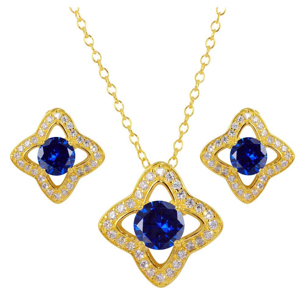 Silver 925 Gold Plated Clover Cross with CZ and Blue Stone Earring and Necklace Set - BGS00523BLU | Silver Palace Inc.